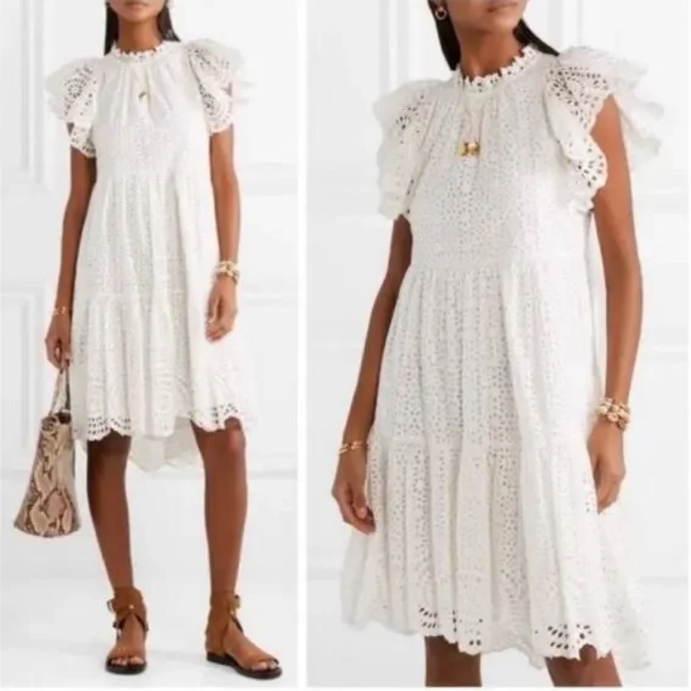 Ulla Johnson Norah Eyelet Mini Dress in White Short Sleeve Ruffle - Picture 1 of 11